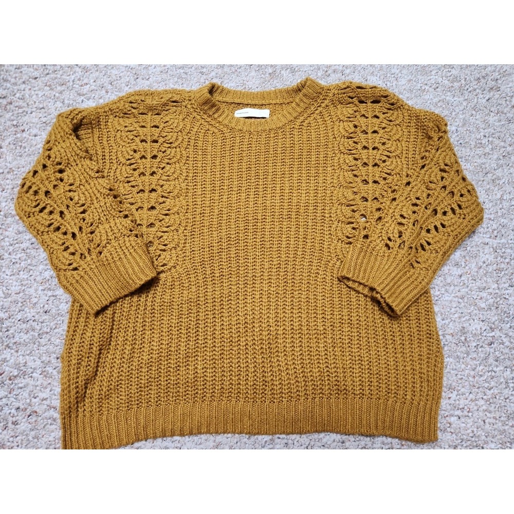 Anthropologie Mustard Yellow Open-Knit Crewneck Sweater